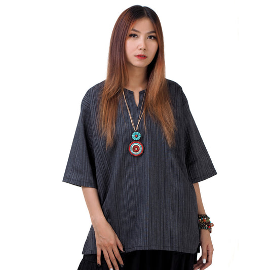 Schwarzes Thai Fisherman Damenshirt mit Nadelstreifen