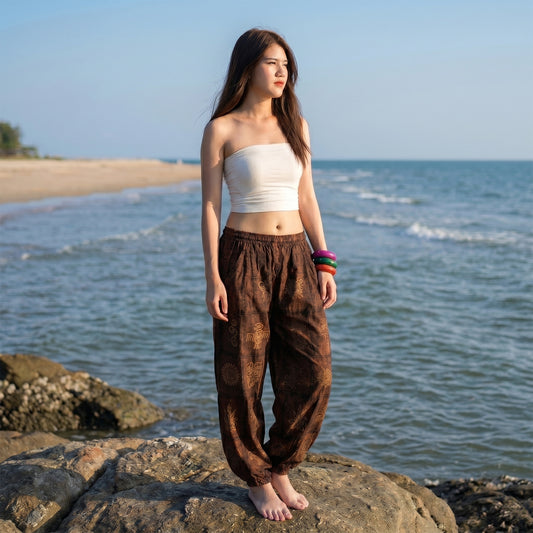 Women’s Brown Stonewashed Tribal Harmony Harem Pants
