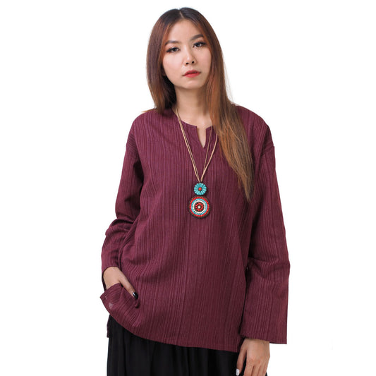 Thai Fisherman Damen Hemd Weinrot mit Nadelstreifen