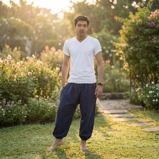 Male model in a park wearing Deep Sea Blue pinstripe harem pants, ideal for travel and leisure.