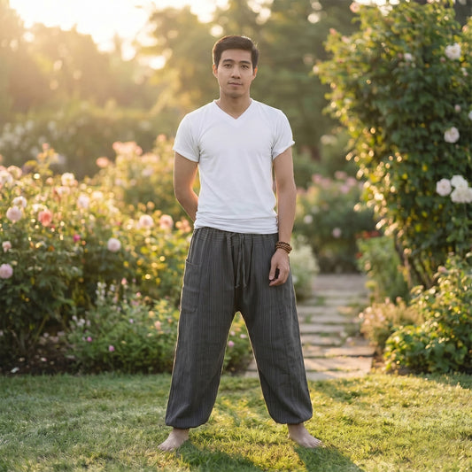 Male model wearing Elephant Gray pinstripe harem pants while relaxing in a green city park.