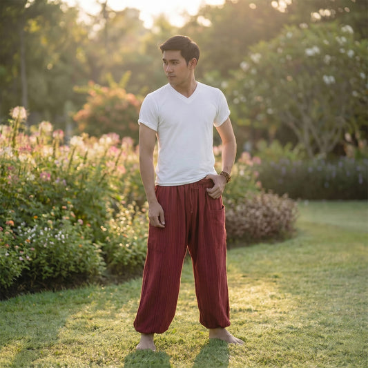 Model relaxing in a park wearing Mystic Maroon pinstripe pants, perfect for a bohemian vibe.