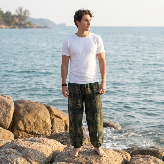 Male model on ocean rocks at the beach wearing green stonewashed organic cotton tribal harem pants.