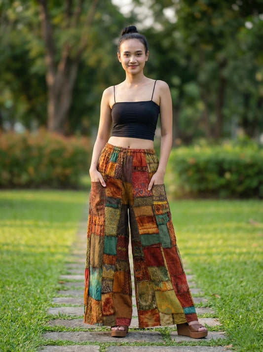 Woman wearing colorful patchwork hippie palazzo pants and a black top standing on a path with greenery in the background