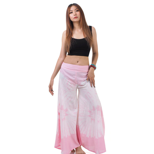 Front view of a female model dressed in the Blushing Rose Hippie Tie Dye Palazzo Pants, featuring a flexible gathered waist.
