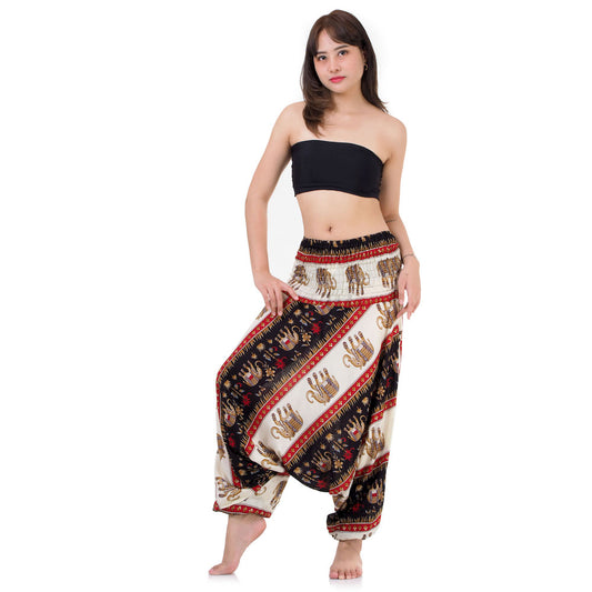 Front view of black boho festival harem pants, handmade unique piece from Thailand.