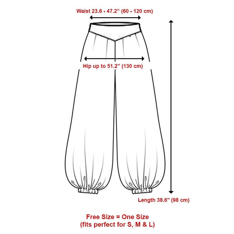 Detailed size chart for the Midnight Black Women's Tie Dye Harem Pants with measurements for waist, hips, and length.