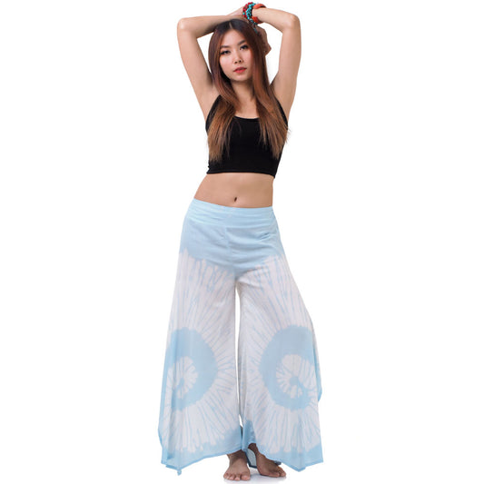 Front view of a female model wearing the Sky Blue Hippie Tie Dye Palazzo Pants with a comfortable elastic waistband.