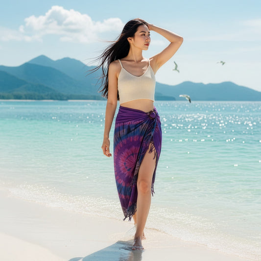 Female model in a Thai setting wearing the Magic Purple batik wrap skirt while walking along the beach.