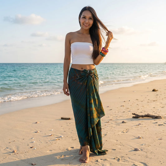 Female model in a tropical setting wearing the Green Vitality Tie Dye wrap skirt Phi Phi by the ocean.