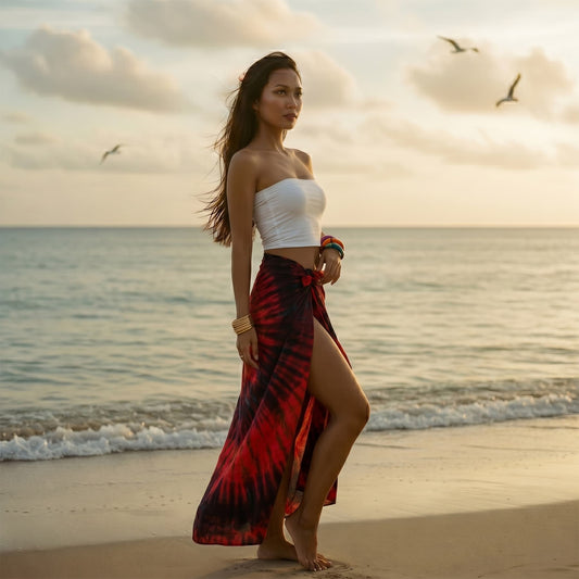 Female model strolling on a Thai beach in the eye-catching Phi Phi Red Tie Dye wrap skirt Passion.