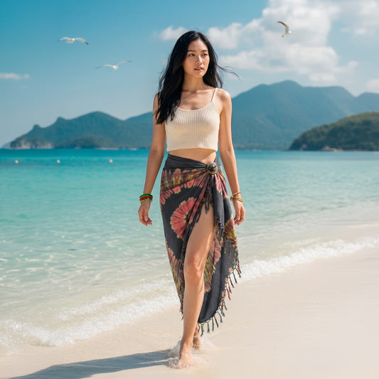 Female model walking along the shoreline in the modern Gray Tie Dye wrap skirt Samui.