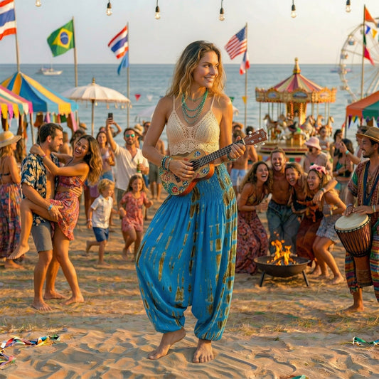Female model dancing in blue boho festival harem pants at a hippie event.