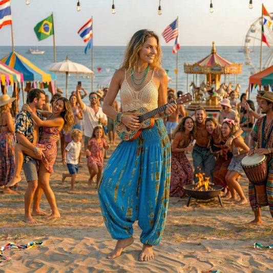 Female model dancing in blue boho festival harem pants at a hippie event.