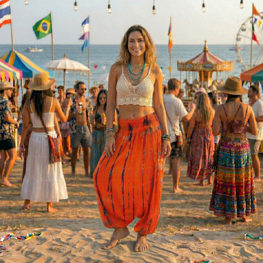 Model in orange boho festival harem pants dancing at a hippie festival.