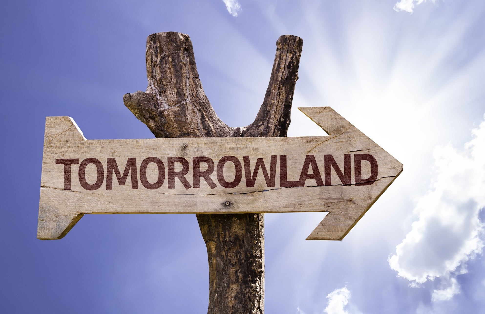 Wooden sign pointing to 'Tomorrowland Thailand' against a blue sky with clouds