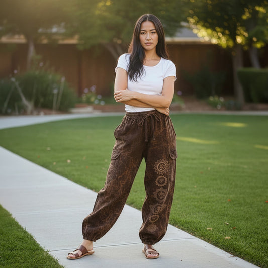 Woman posing in brown boho stonewashed om pants in a sunny park, front view.