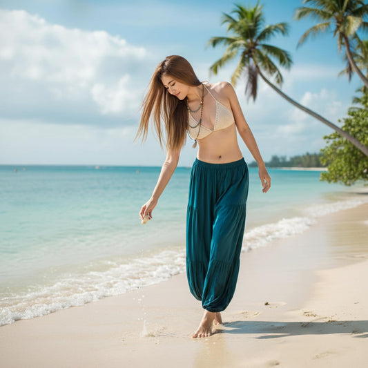 Woman walking on a tropical beach with palm trees and clear blue sky wearing a turquoise Thai harem yoga pants with beige top