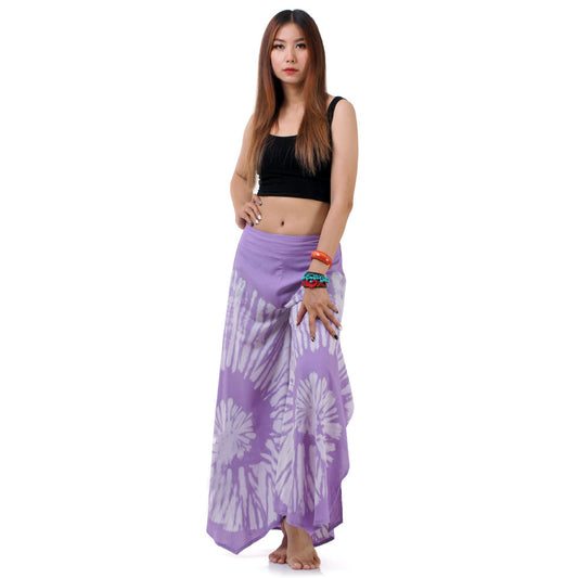 Front view of the Vibrant Violet Hippie Tie Dye Palazzo Pants on a female model, ideal for boho festivals and relaxed casual wear.