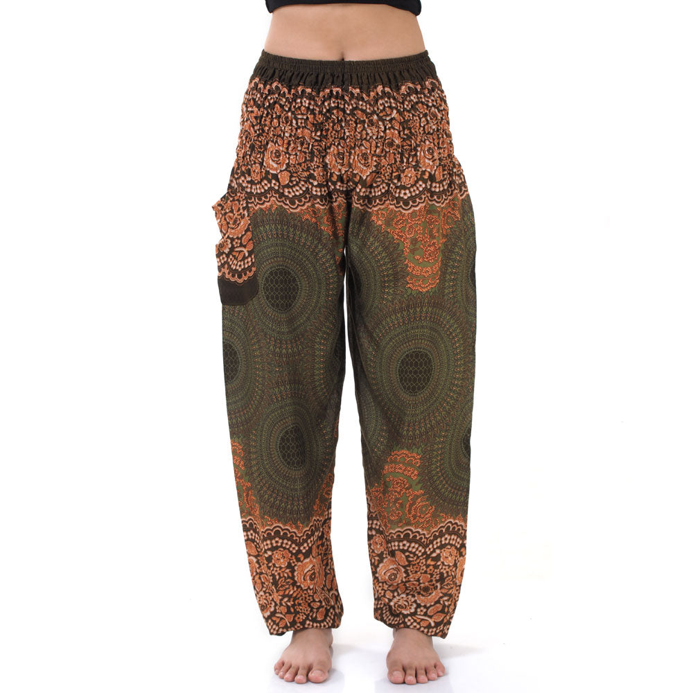 Close-up of olive green Thai harem yoga pants with mandala print