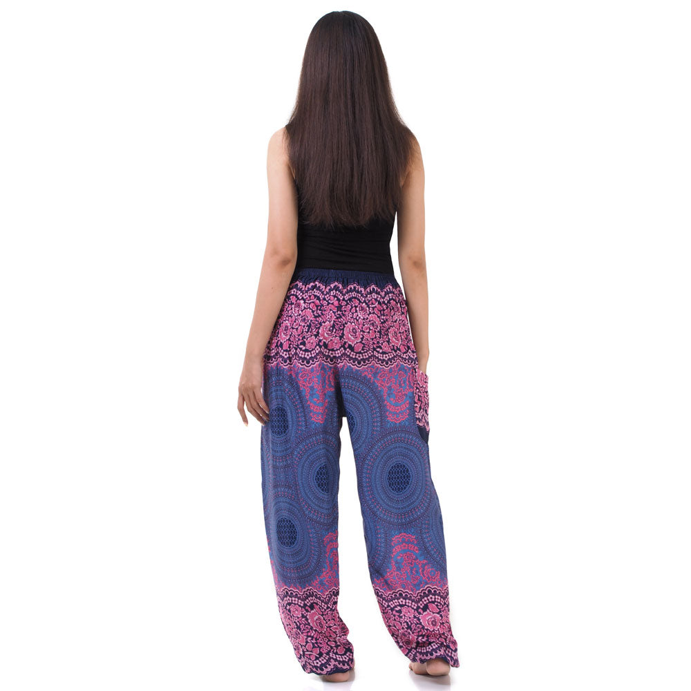 Back view of purple lavender Thai harem yoga pants with mandala print worn with black top