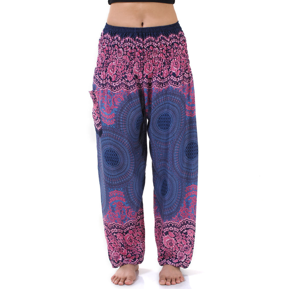 Close-up of purple lavender Thai harem yoga pants with mandala print