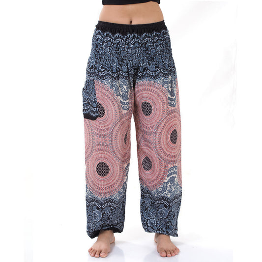 Close-up of mystic gray Thai harem yoga pants with mandala print