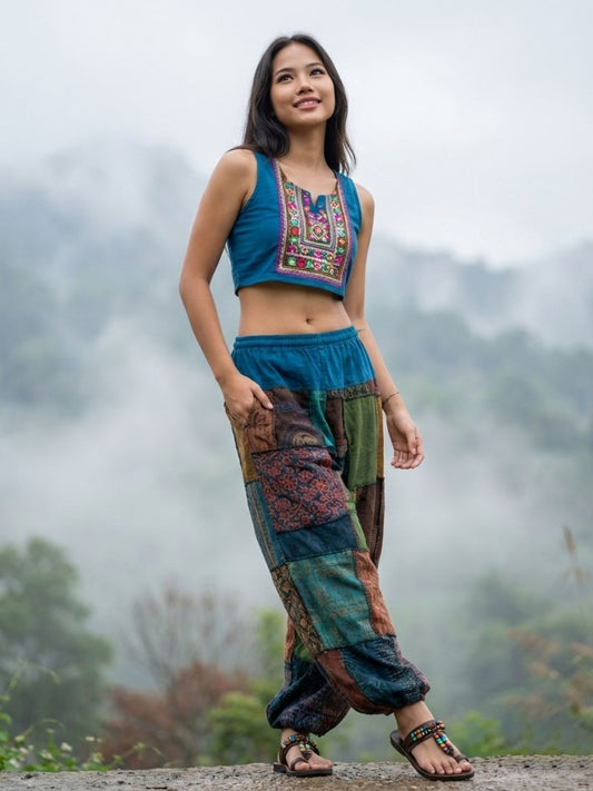 Female model wearing blue Thai harem pants on a path in a misty green landscape