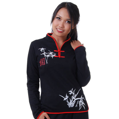 Schwarzes Langarm Loungewear Damen Bambus Yoga Shirt