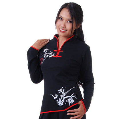 Schwarzes Langarm Loungewear Damen Bambus Yoga Shirt