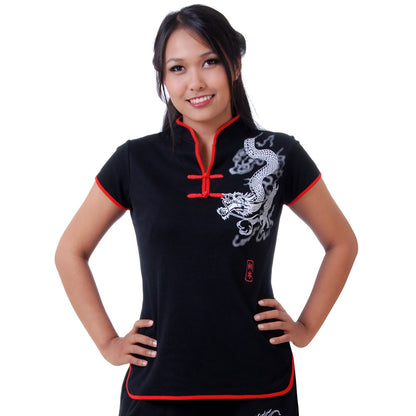 Schwarzes Kurzarm Loungewear Damen Drachen Yoga Shirt