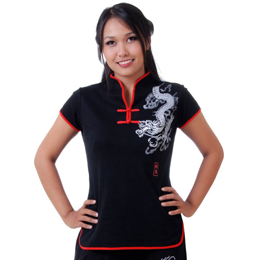 Schwarzes Kurzarm Loungewear Damen Drachen Yoga Shirt