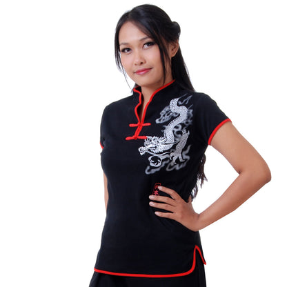 Schwarzes Kurzarm Loungewear Damen Drachen Yoga Shirt
