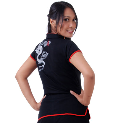 Schwarzes Kurzarm Loungewear Damen Drachen Yoga Shirt