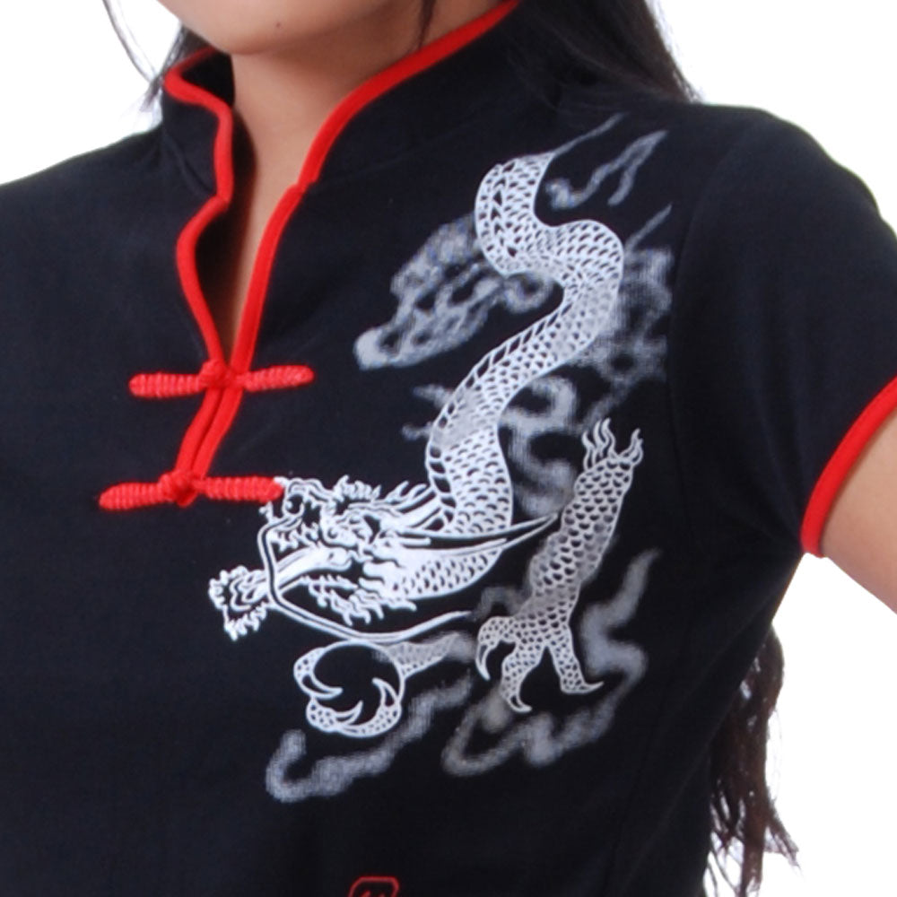 Schwarzes Kurzarm Loungewear Damen Drachen Yoga Shirt