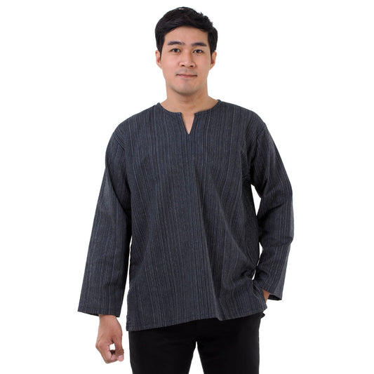 Herren Thai Fisherman Hemd Schwarz mit Nadelstreifen
