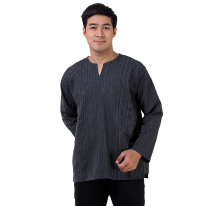 Herren Thai Fisherman Hemd Schwarz mit Nadelstreifen