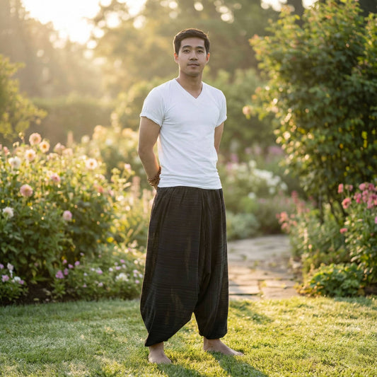 Man wearing black Thai harem yoga pants and white shirt standing in a garden with greenery and flowers around him