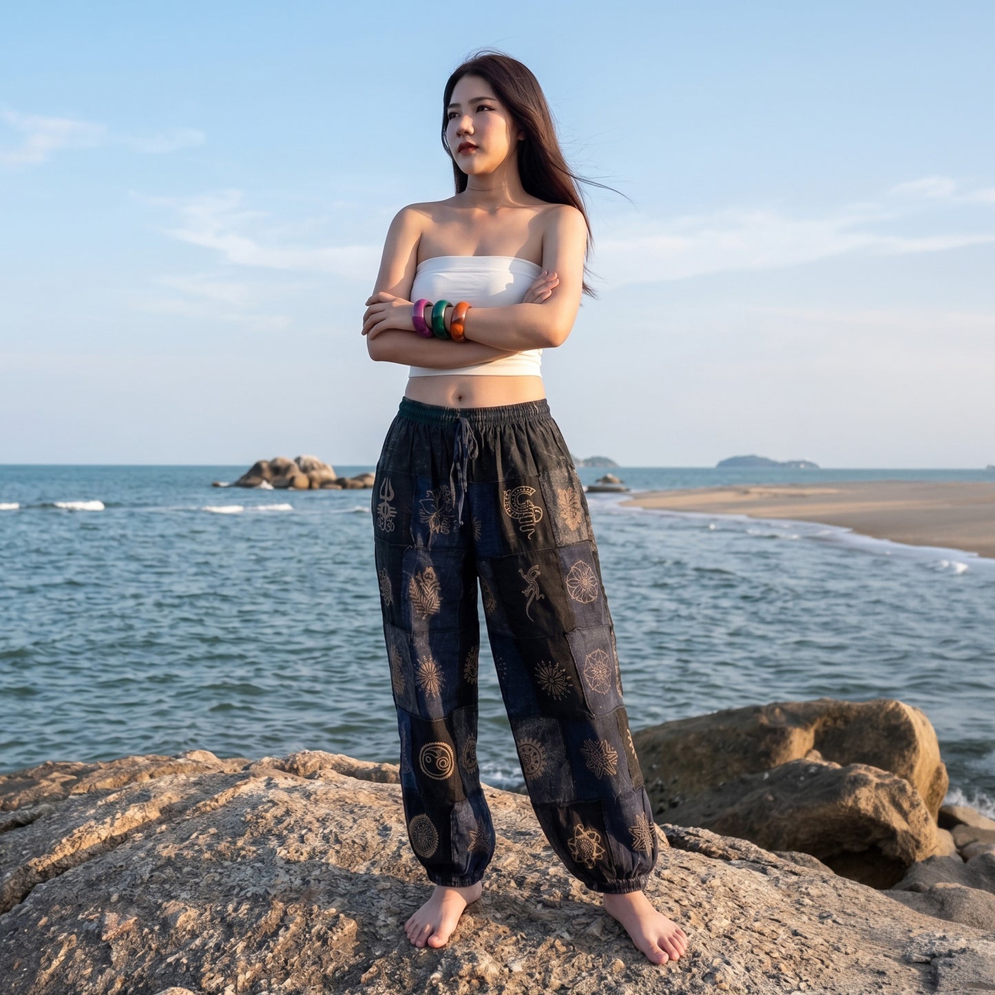 Black Stonewashed Tribal Harmony Harem Pants Women’s