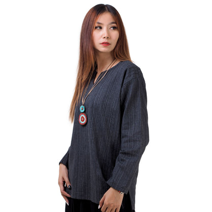 Thai Fisherman Damen Hemd Schwarz mit Nadelstreifen