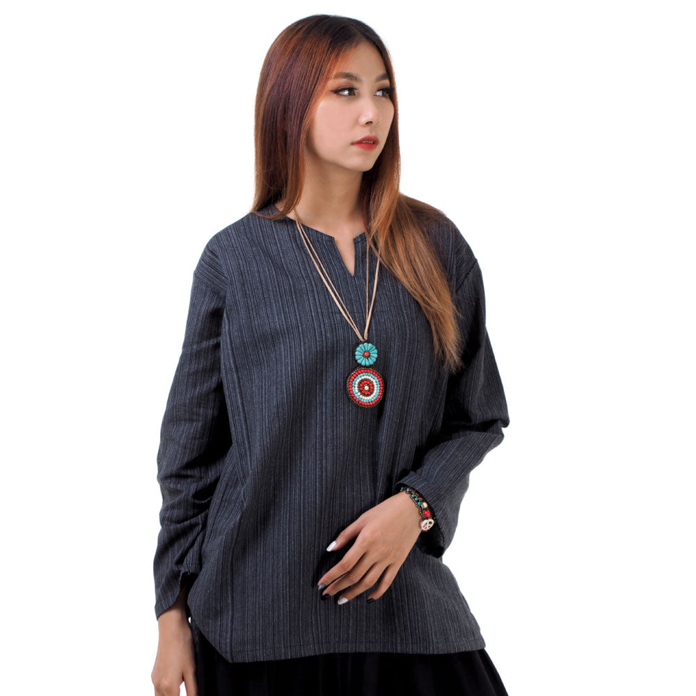 Thai Fisherman Damen Hemd Schwarz mit Nadelstreifen