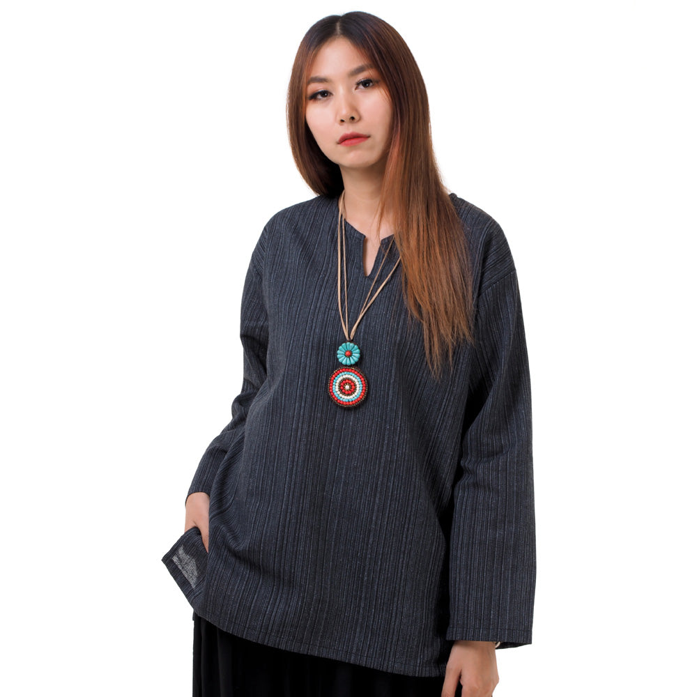 Thai Fisherman Damen Hemd Schwarz mit Nadelstreifen