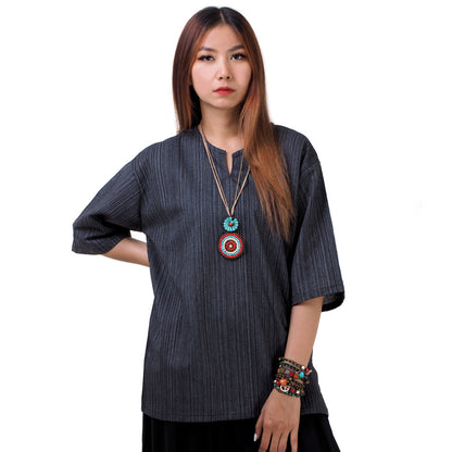 Schwarzes Thai Fisherman Damenshirt mit Nadelstreifen