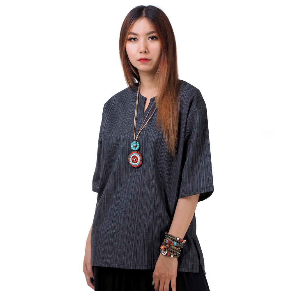 Schwarzes Thai Fisherman Damenshirt mit Nadelstreifen