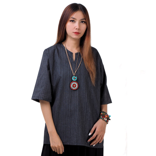 Schwarzes Thai Fisherman Damenshirt mit Nadelstreifen