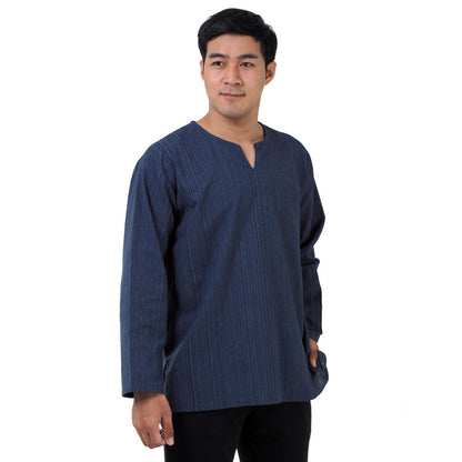Herren Thai Fisherman Hemd Blau mit Nadelstreifen
