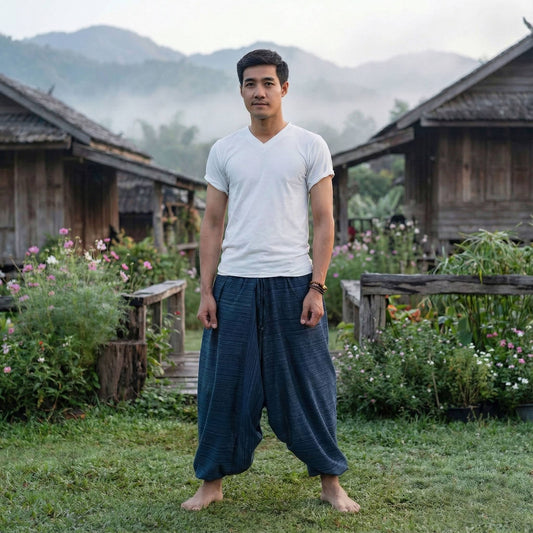 Man standing in a garden with wooden huts and mountains in the background wearing a blue Thai harem yoga pants and white shirt
