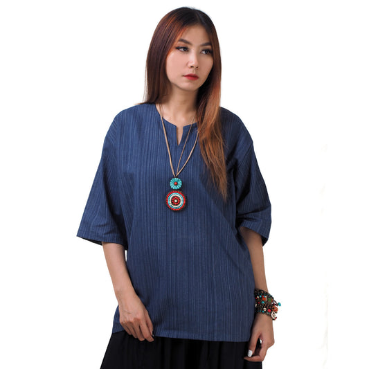 Blaues Thai Fisherman Damenshirt mit Nadelstreifen