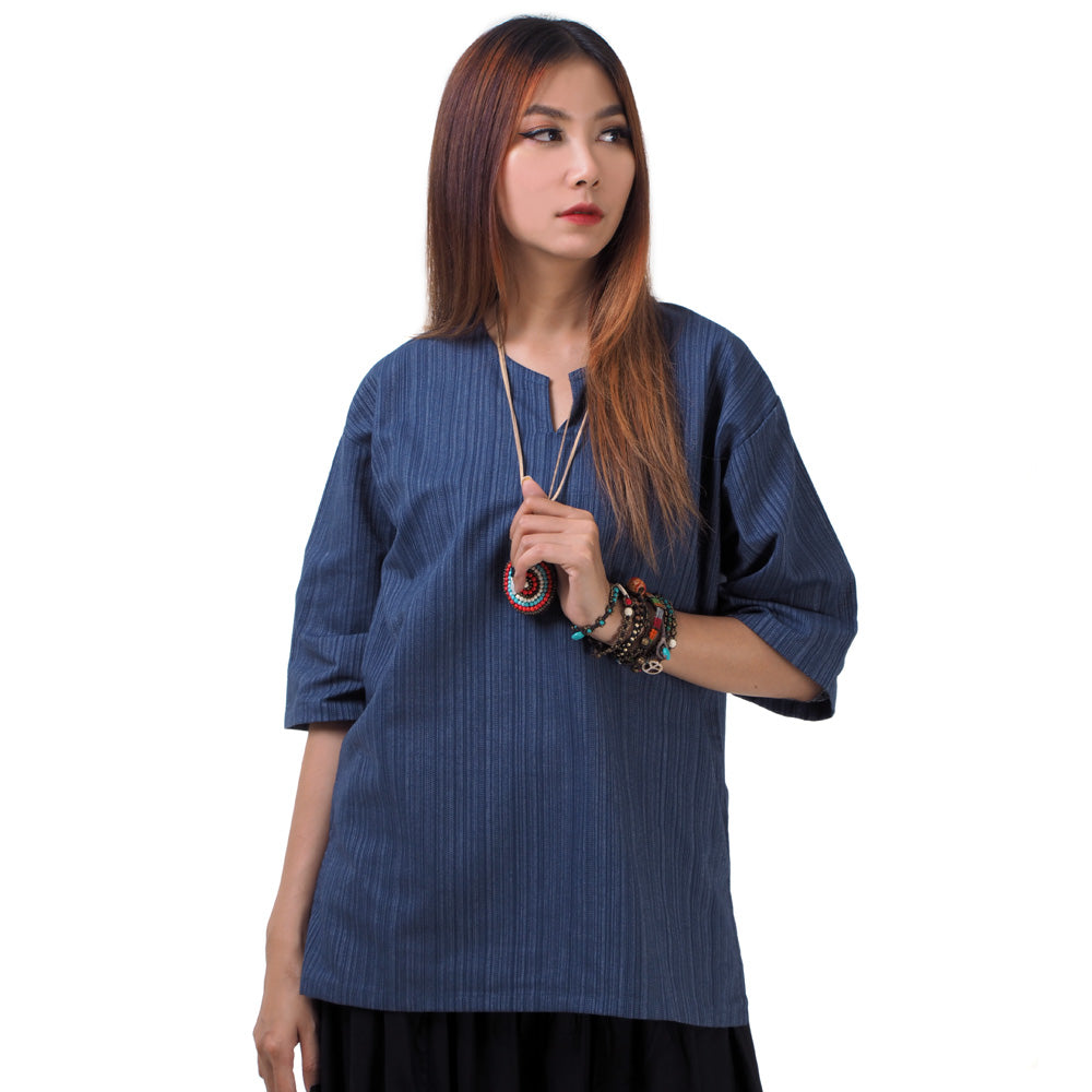 Blaues Thai Fisherman Damenshirt mit Nadelstreifen