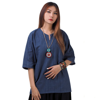 Blaues Thai Fisherman Damenshirt mit Nadelstreifen